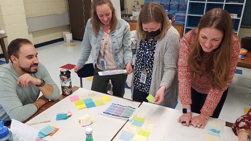 A group of educators collaborating with sticky notes and the UDL Guidelines