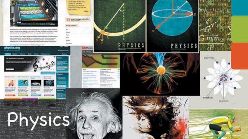 Collage containing images related to physics curricula